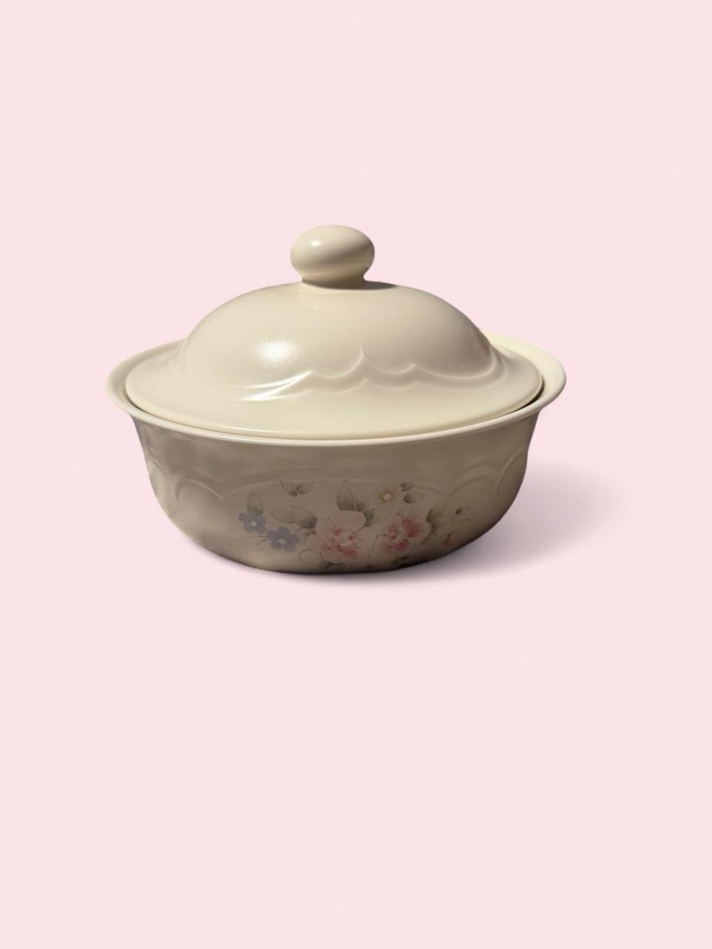 Pfaltzgraff Casserole & Lid 2 Quart Stoneware Tea Rose Pink Green Ivory USA 1985
